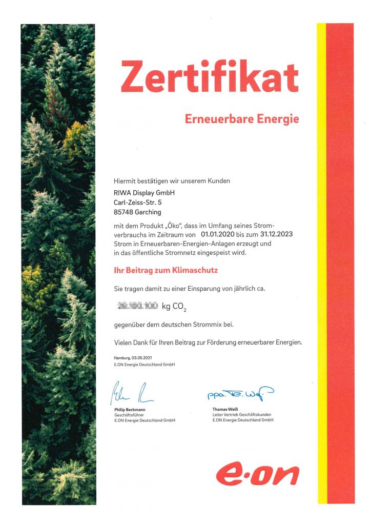 Zertifikat von EON über den Verbrauch von "Öko-Strom" für unser Unternehmen